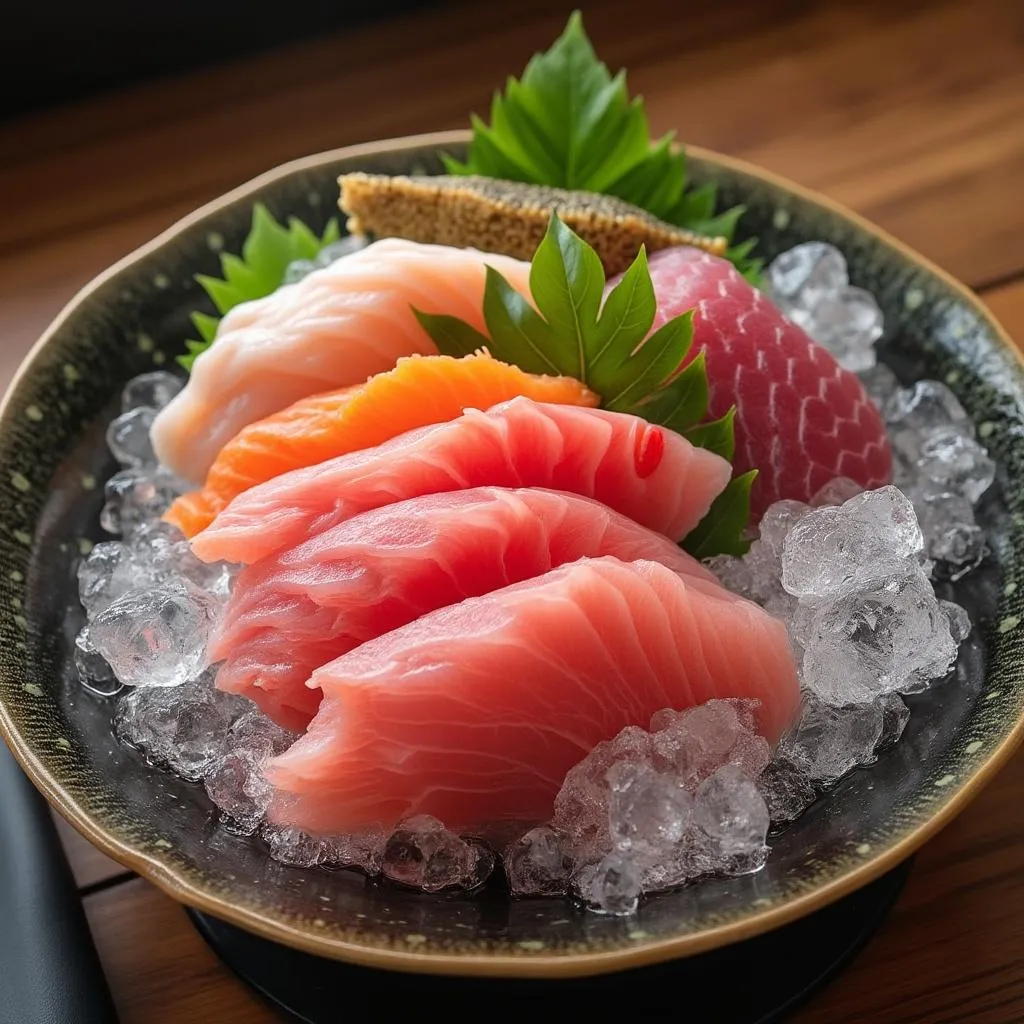 Presentación artística de sashimi fresco
