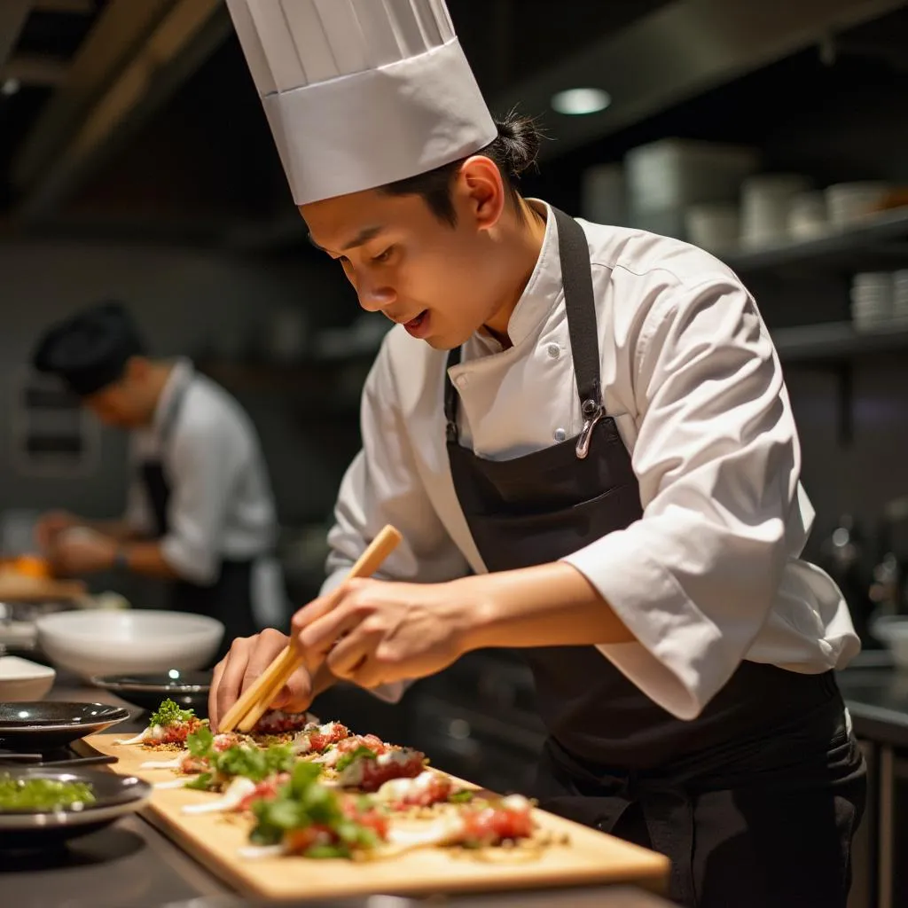 Chef trabajando en la cocina japonesa
