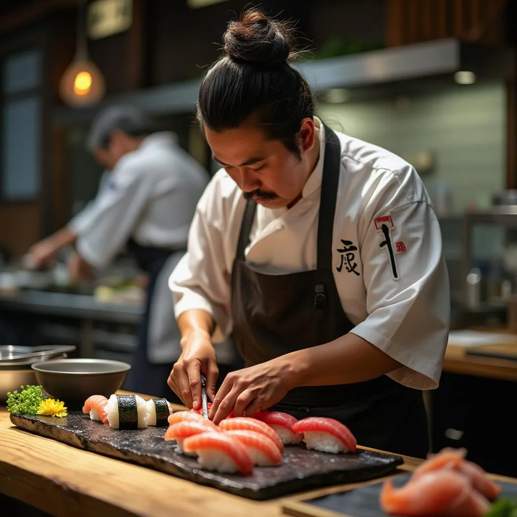 Fundador del restaurante preparando sushi tradicional